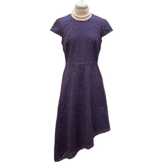 BANANA REPUBLIC Womens 4 Blue Red Lace Overlay Fit Flare Midi Asymmetrical Hem - Picture 2 of 7